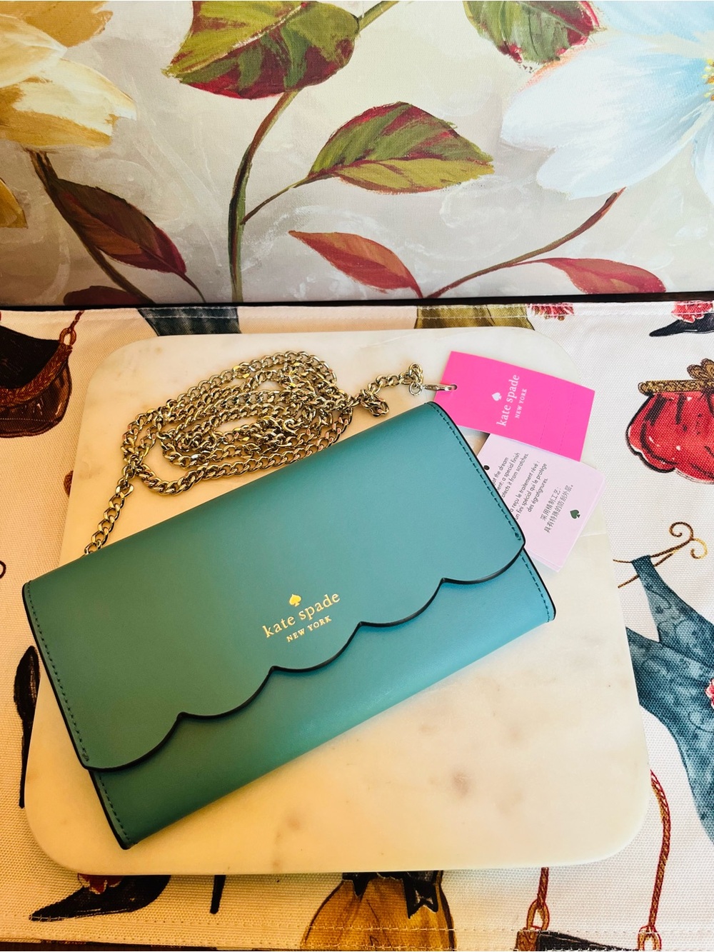 Kate Spade Gemma Stone Blue Scallop-Edge Chain Crossbody Wallet NWT